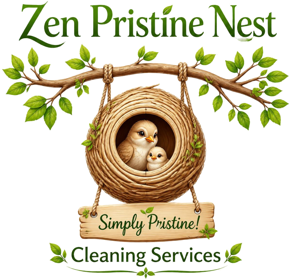 Zen Pristine Nest, Simply Pristine — Cleaning Services: two birds in a woven nest hanging from a leafy branch